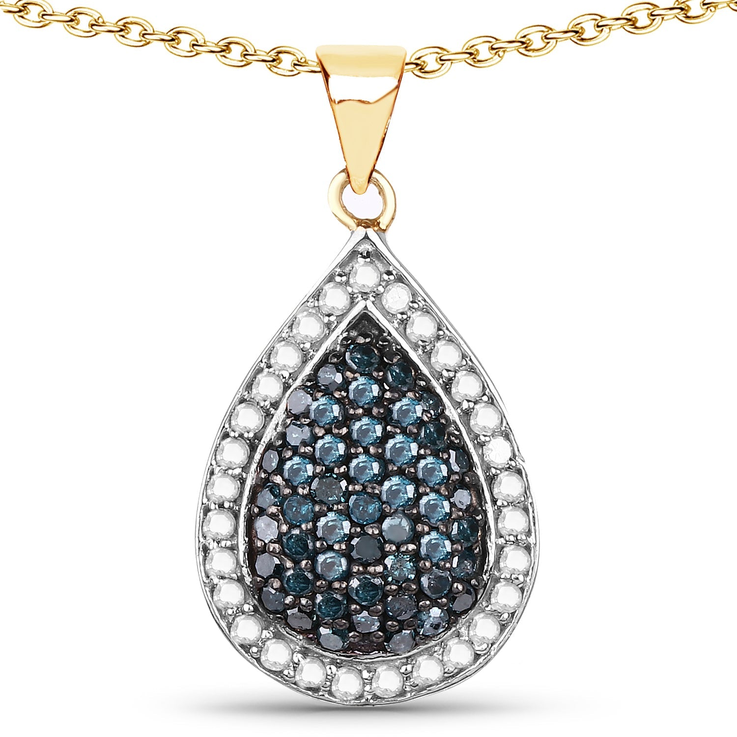 14K Yellow Gold Plated 0.81 Carat Genuine Blue Diamond and White Diamond .925 Sterling Silver Pendant