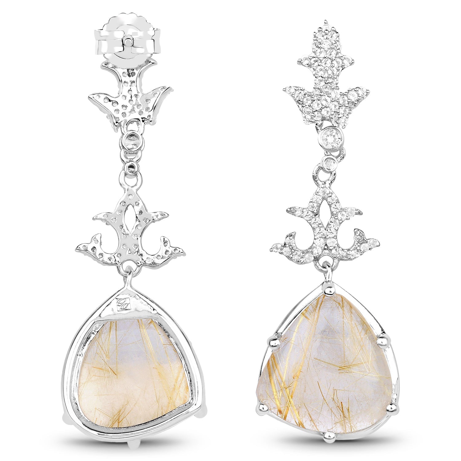 15.97 Carat Genuine Golden Rutile and White Topaz .925 Sterling Silver Earrings