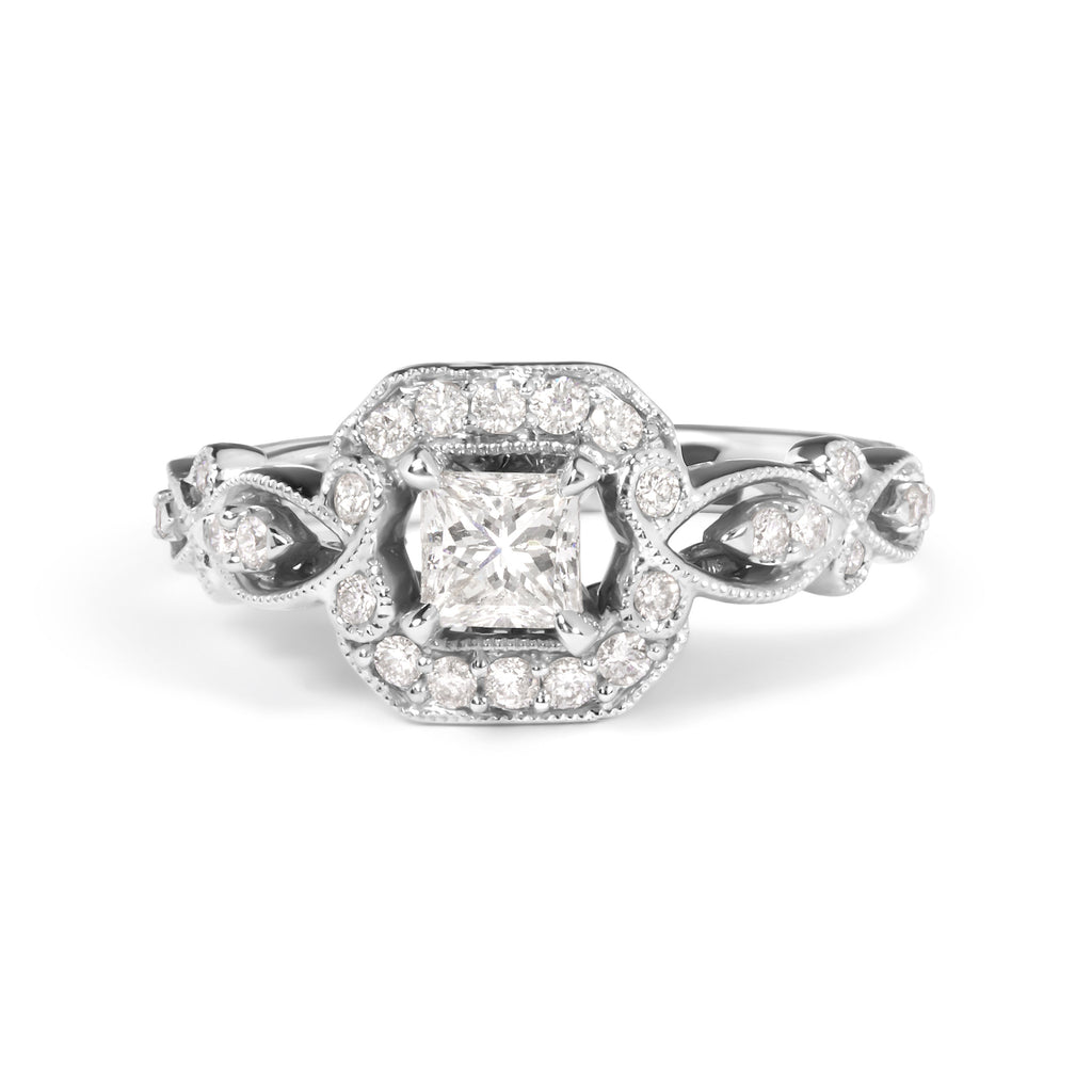 14K White Gold 3/4 Carat Total Weight Diamond Halo Style and Woven Shank Engagement Ring (G-H Color, VS2-SI1 Clarity) - Size 7