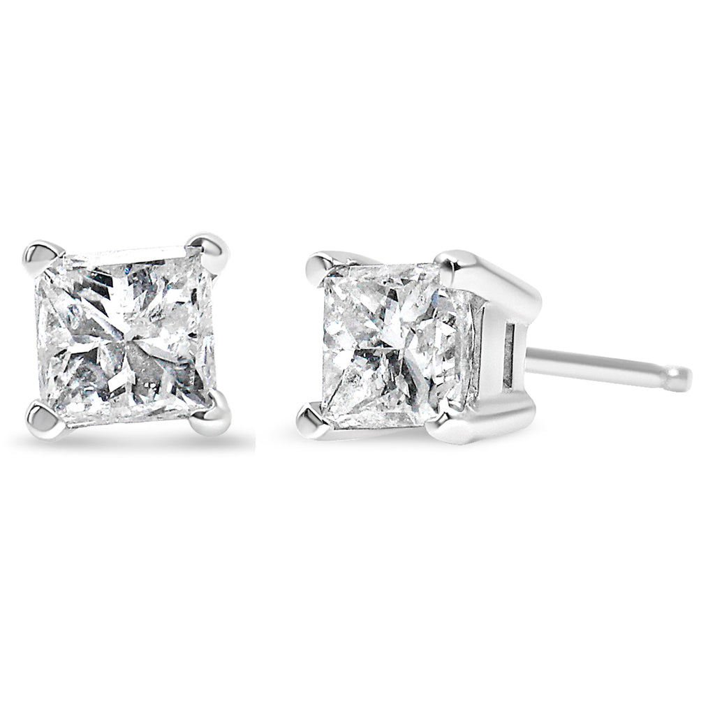 AGS Certified 2/5 Carat Total Weight Princess Cut Diamond 14K White Gold 4-Prong Solitaire Square Stud Earrings (L-M Color, I1-I2 Clarity)
