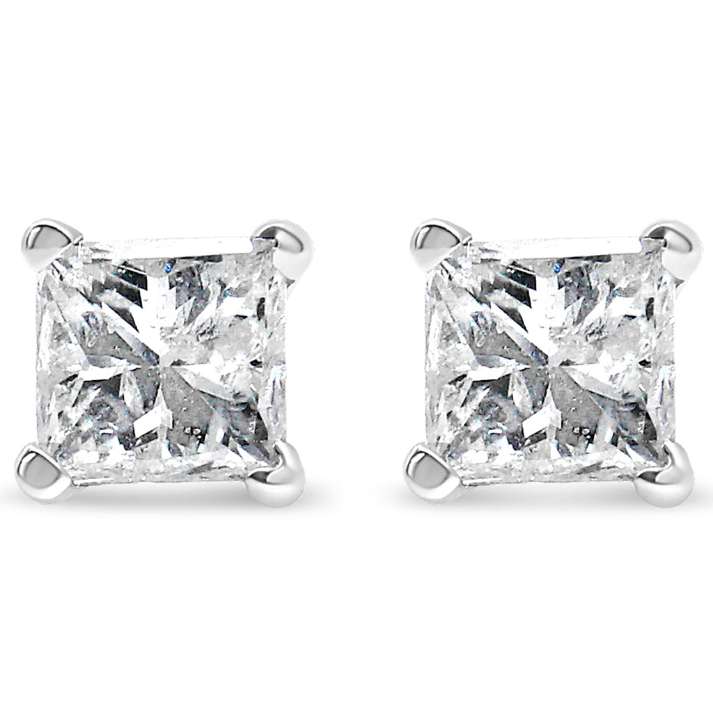 AGS Certified 2/5 Carat Total Weight Princess Cut Diamond 14K White Gold 4-Prong Solitaire Square Stud Earrings (L-M Color, I1-I2 Clarity)