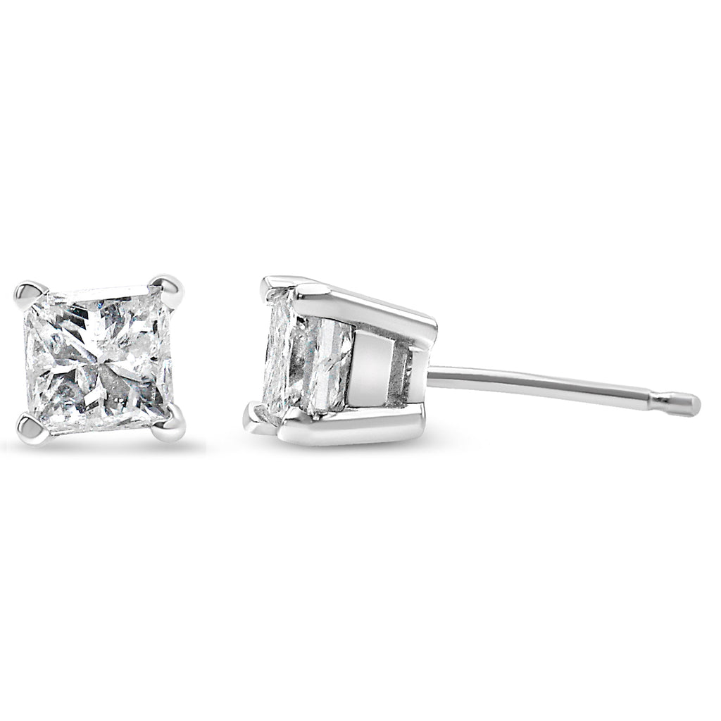 AGS Certified 2/5 Carat Total Weight Princess Cut Diamond 14K White Gold 4-Prong Solitaire Square Stud Earrings (L-M Color, I1-I2 Clarity)