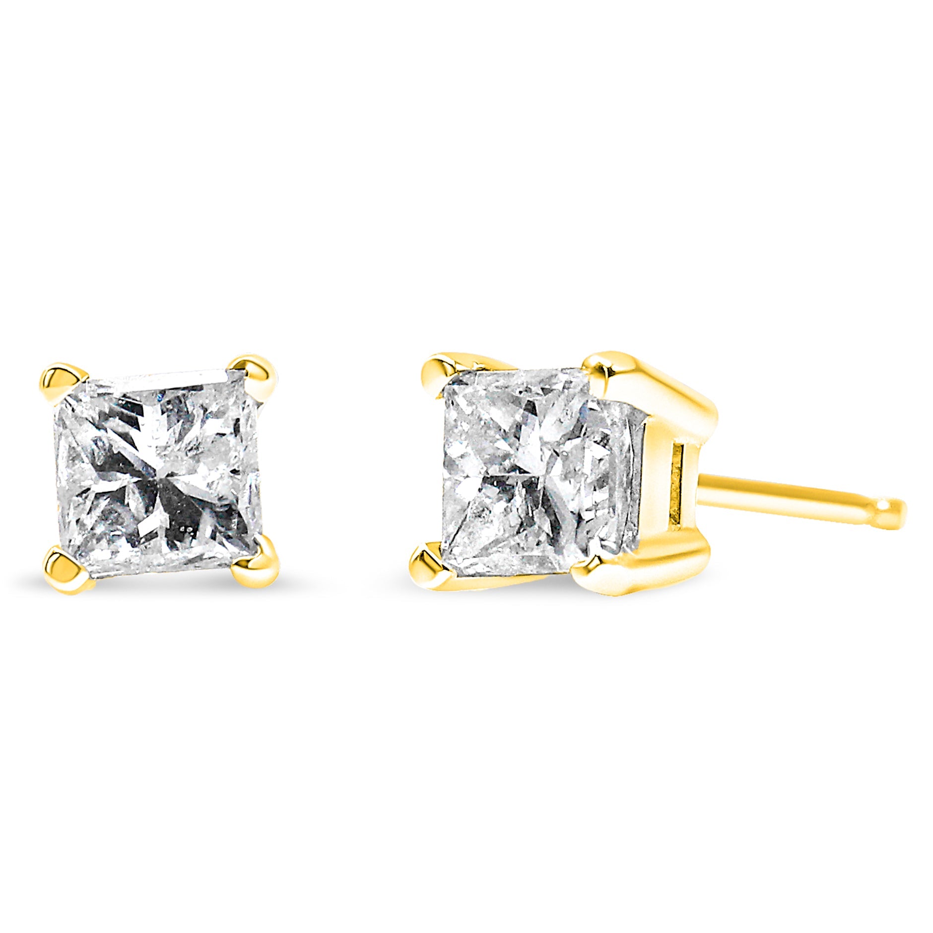 14K Yellow Gold 1.00 Carat Total Weight Princess-Cut Square Near Colorless Diamond Classic 4-Prong Solitaire Stud Earrings (J-K Color, I1-I2 Clarity)