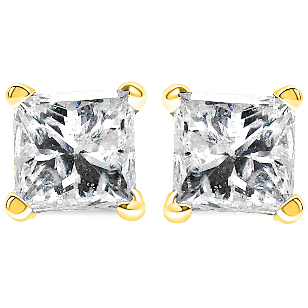 14K Yellow Gold 1.00 Carat Total Weight Princess-Cut Square Near Colorless Diamond Classic 4-Prong Solitaire Stud Earrings (J-K Color, I1-I2 Clarity)