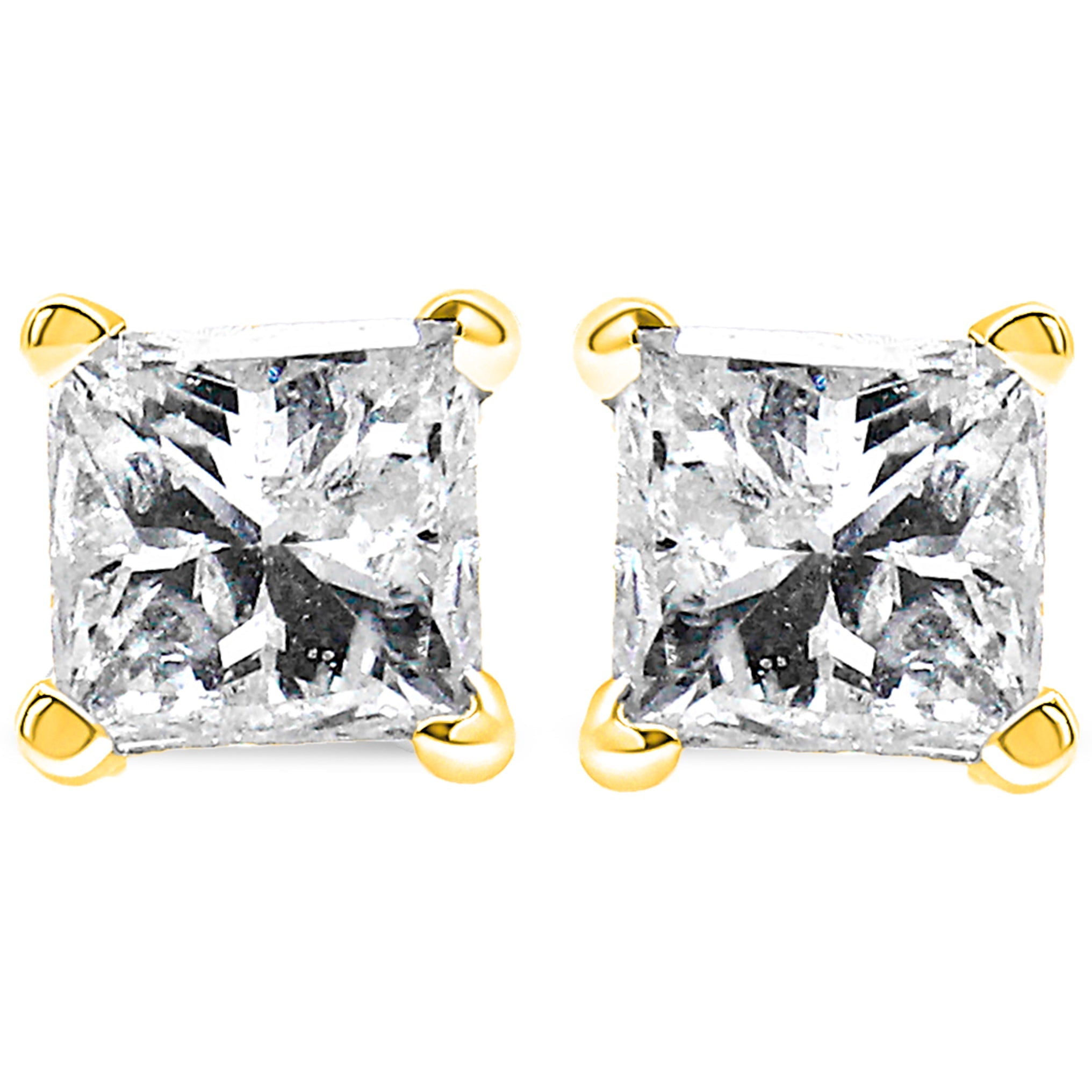 14K Yellow Gold 1.00 Carat Total Weight Princess-Cut Square Near Colorless Diamond Classic 4-Prong Solitaire Stud Earrings (J-K Color, I1-I2 Clarity)