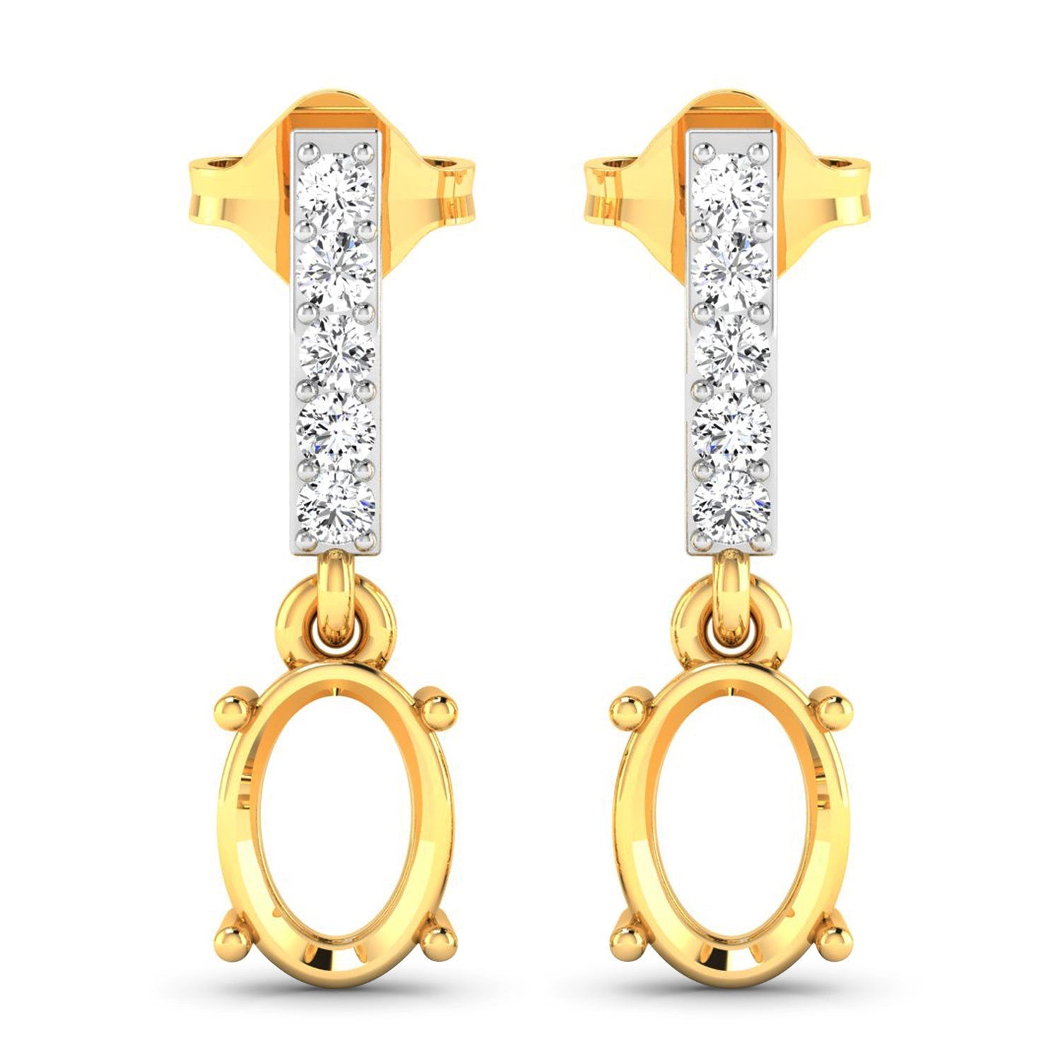 0.14 Carat Genuine White Diamond 14K Yellow Gold Semi Mount Earrings - Holds 7x5mm Oval Gemstones