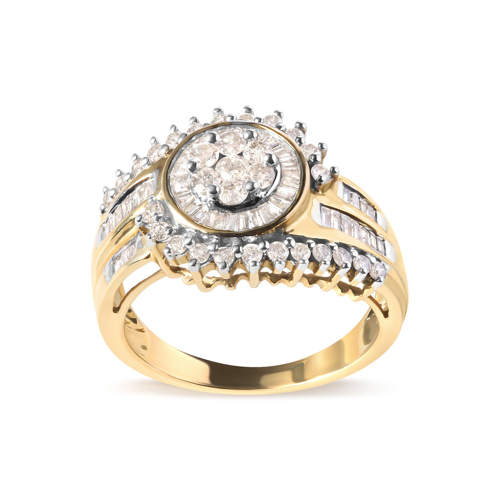 10K Yellow Gold 1 Cttw Round and Baguette Cut Diamond Cluster Swirl Band Ring (H-I Color, I1-I2 Clarity) - Ring Size 7