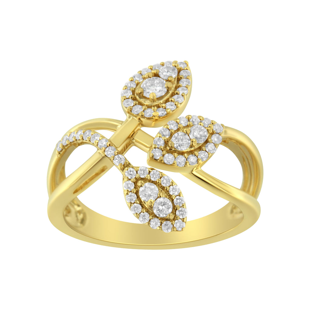 10K Yellow Gold 1/2 Carat Total Weight Round-Cut Diamond Layered Crossover Triple Leaf Bypass Ring (I-J Color, I1-I2 Clarity) - Size 7