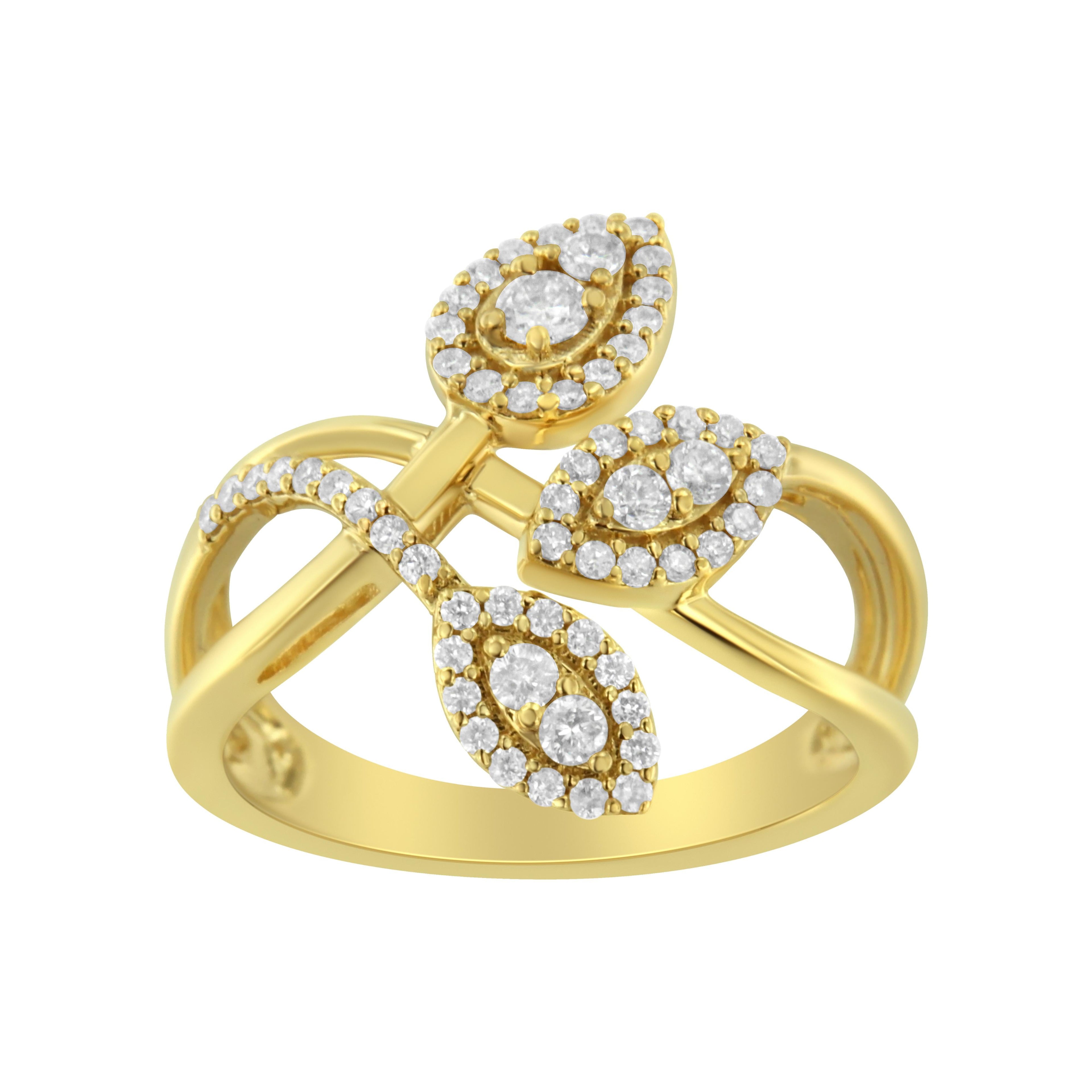 10K Yellow Gold 1/2 Carat Total Weight Round-Cut Diamond Layered Crossover Triple Leaf Bypass Ring (I-J Color, I1-I2 Clarity) - Size 7