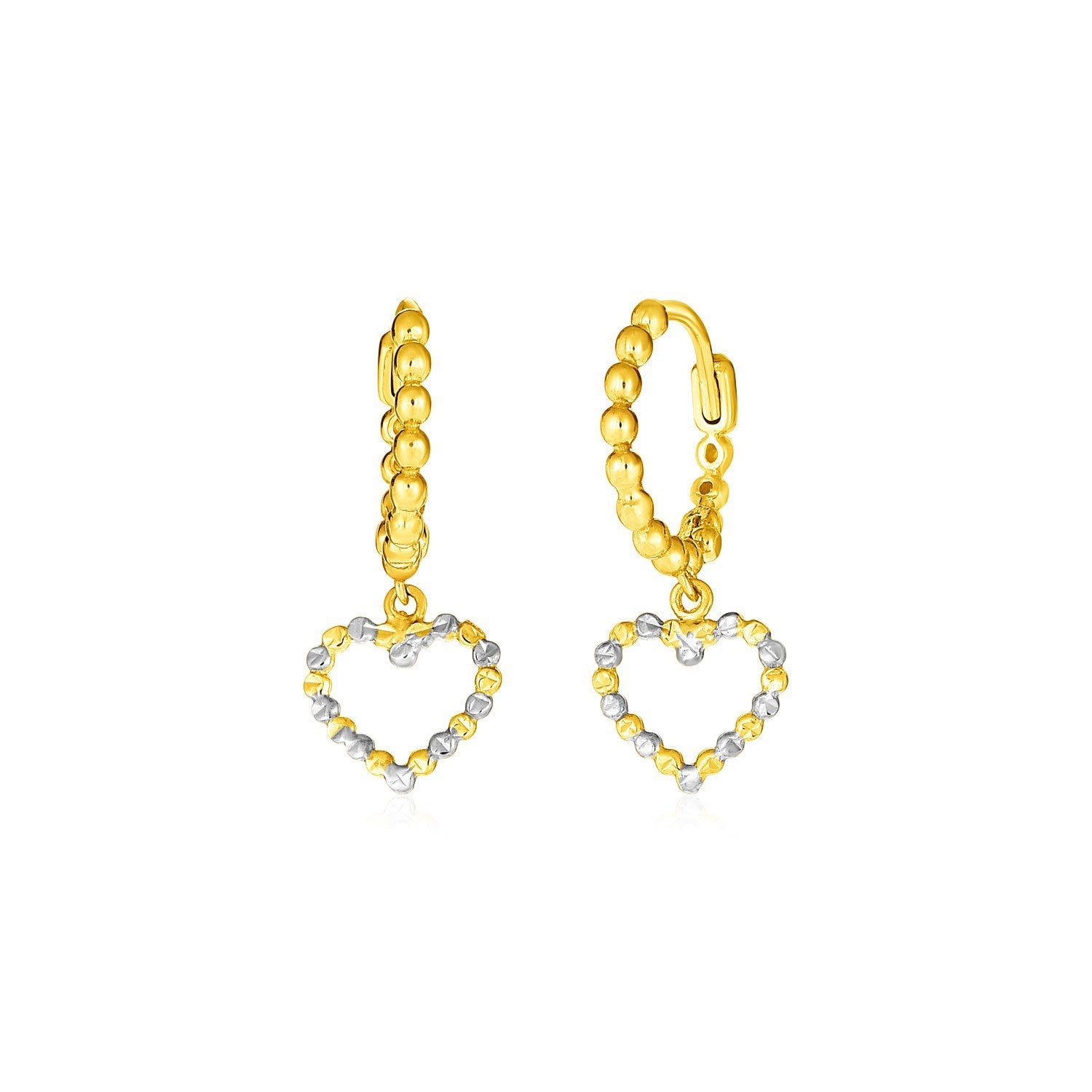 14k Two-Tone Gold Beaded Hoop Earrings with Hearts