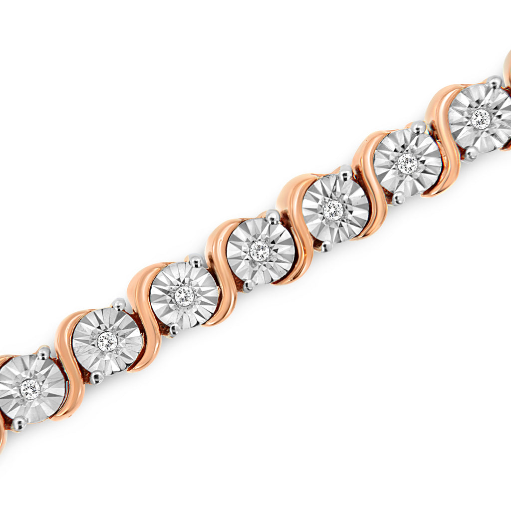 14K Rose Gold Plated .925 Sterling Silver 1/4 Carat Total Weight Diamond Round Miracle Plate and "S" Link Tennis Bracelet (I-J Color, I2- I3 Clarity) - 7"