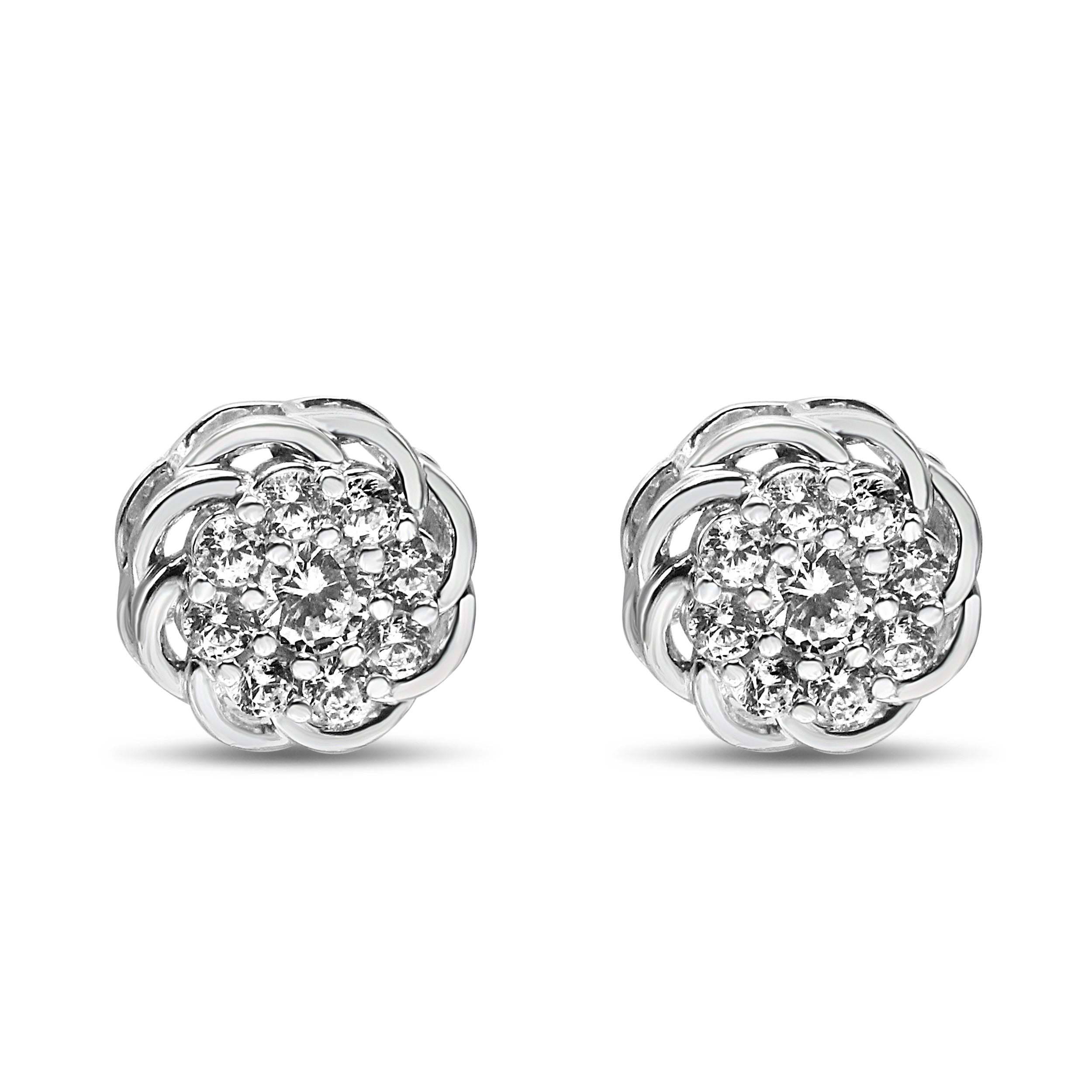 .925 Sterling Silver 1/2 Carat Total Weight Round Diamond Cluster Openwork Floral Halo Stud Earrings (I1-I2 Clarity, I-J Color)