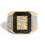Men's 10K Yellow Gold 1 1/2 Cttw White and Black Diamond Cross Signet Ring