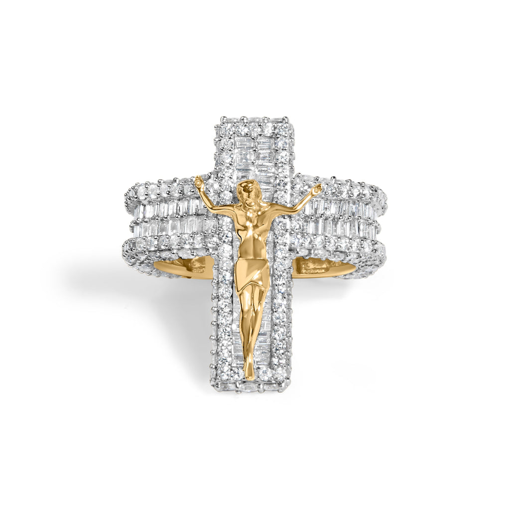 Men's 10K Yellow Gold 5-2/5 Cttw Diamond Jesus Crucifix Cross Cocktail Ring