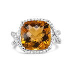 14K White Gold 12mm Cushion Cut Yellow Citrine Gemstone and 1/3 Carat Total Weight Round Pave-Set Diamond Ring - (H-I Color, VS1-VS2 Clarity)- Size 6.5