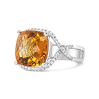 14K White Gold 12mm Cushion Cut Yellow Citrine Gemstone and 1/3 Carat Total Weight Round Pave-Set Diamond Ring - (H-I Color, VS1-VS2 Clarity)- Size 6.5