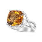 14K White Gold 12mm Cushion Cut Yellow Citrine Gemstone and 1/3 Carat Total Weight Round Pave-Set Diamond Ring - (H-I Color, VS1-VS2 Clarity)- Size 6.5