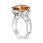 14K White Gold 12mm Cushion Cut Yellow Citrine Gemstone and 1/3 Carat Total Weight Round Pave-Set Diamond Ring - (H-I Color, VS1-VS2 Clarity)- Size 6.5