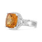 14K White Gold 12mm Cushion Cut Yellow Citrine Gemstone and 1/3 Carat Total Weight Round Pave-Set Diamond Ring - (H-I Color, VS1-VS2 Clarity)- Size 6.5