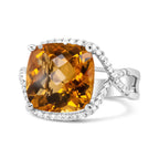 14K White Gold 12mm Cushion Cut Yellow Citrine Gemstone and 1/3 Carat Total Weight Round Pave-Set Diamond Ring - (H-I Color, VS1-VS2 Clarity)- Size 6.5