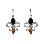 .925 Sterling Silver Marquise Cut Onyx and Citrine with Diamond Accent Fleur De Lis Drop Stud Earrings (H-I Color, SI1-SI2 Clarity)
