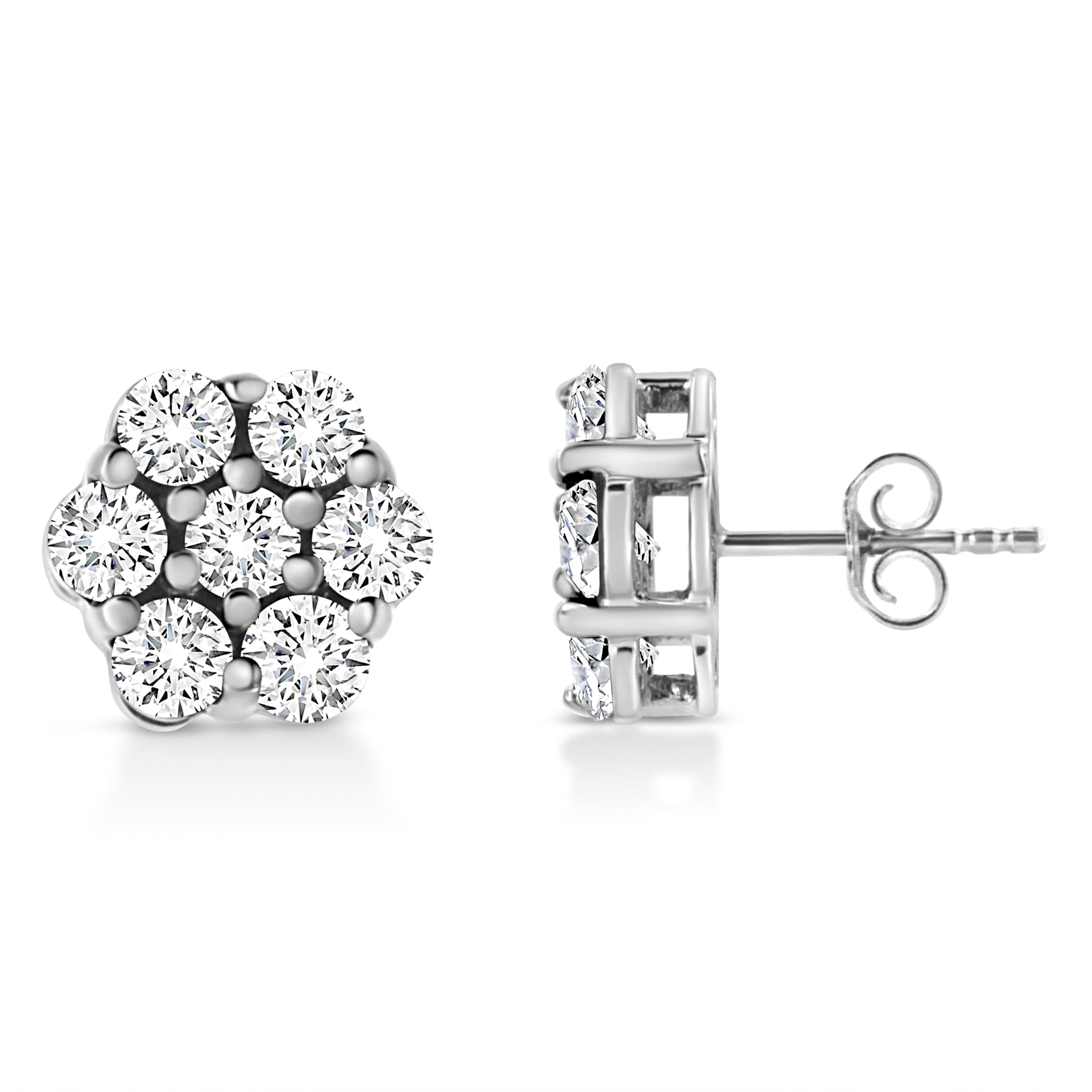 14K White Gold 1/2 Cttw Prong Set Round-Cut Diamond Flower Stud Earrings (H-I Color, I1-I2 Clarity)
