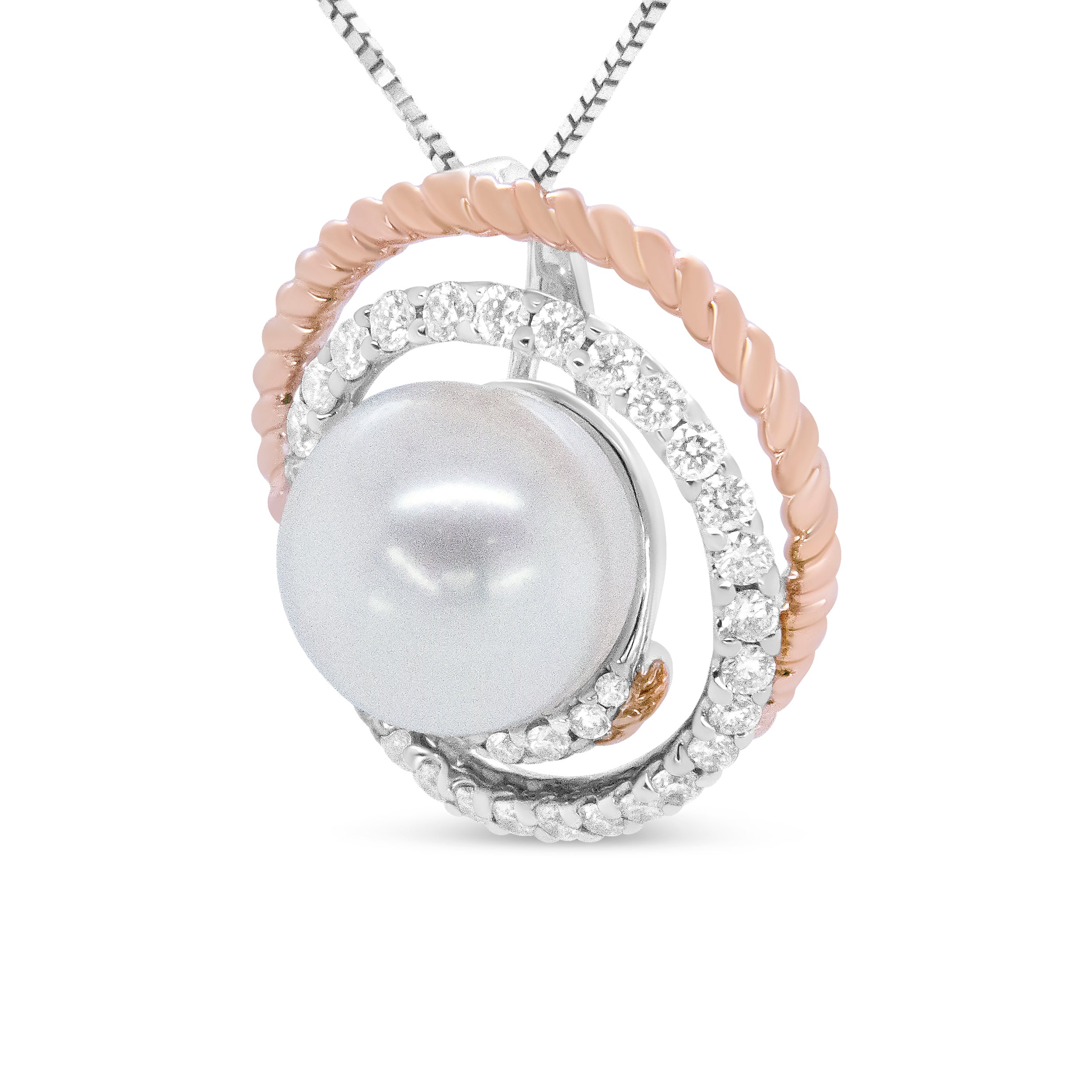 14K Rose and White Gold 3/8 Cttw Pave Diamond and 9mm Round Pearl Spiral Openwork 18" Pendant Necklace - (H-I Color, VS1-VS2 Clarity)