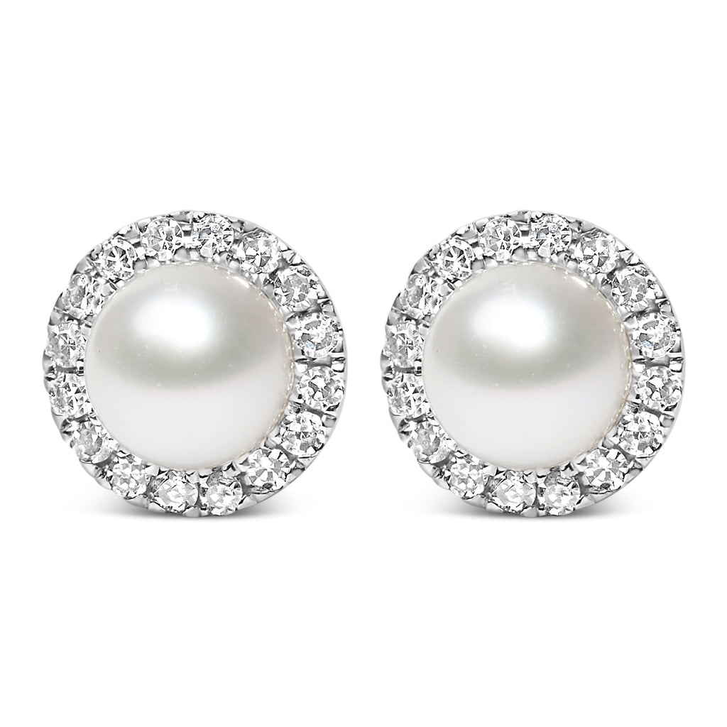 10K White Gold 4.5mm Cultured Freshwater Pearl and 1/7 Carat Total Weight Diamond Halo Stud Earring (I-J Color, I1-I2 Clarity)