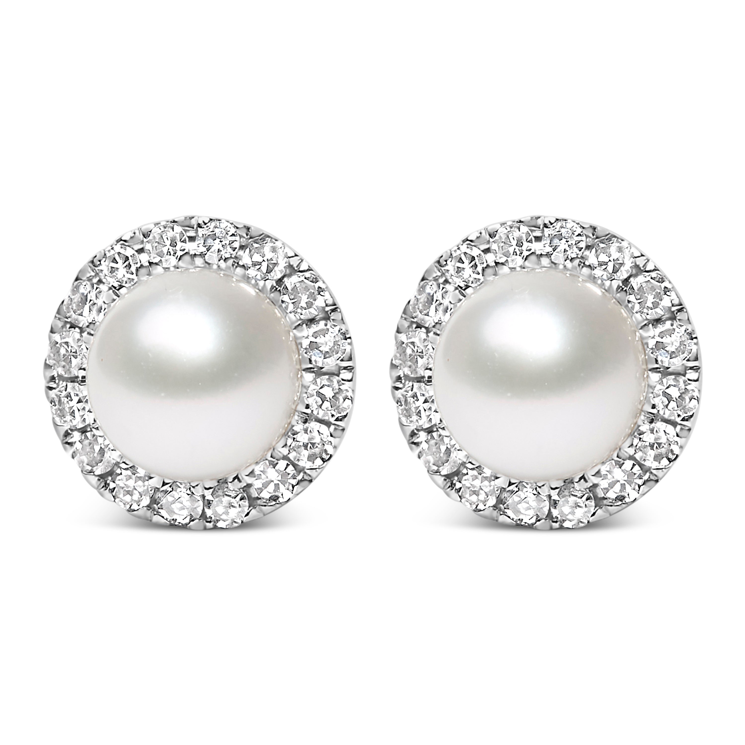 10K White Gold 4.5mm Cultured Freshwater Pearl and 1/7 Carat Total Weight Diamond Halo Stud Earring (I-J Color, I1-I2 Clarity)