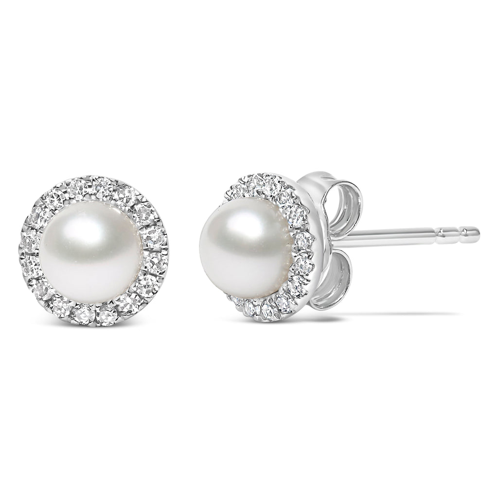 10K White Gold 4.5mm Cultured Freshwater Pearl and 1/7 Carat Total Weight Diamond Halo Stud Earring (I-J Color, I1-I2 Clarity)