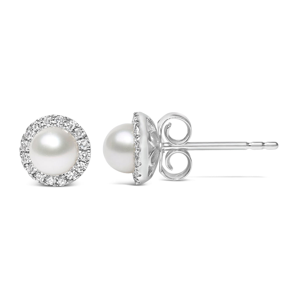 10K White Gold 4.5mm Cultured Freshwater Pearl and 1/7 Carat Total Weight Diamond Halo Stud Earring (I-J Color, I1-I2 Clarity)