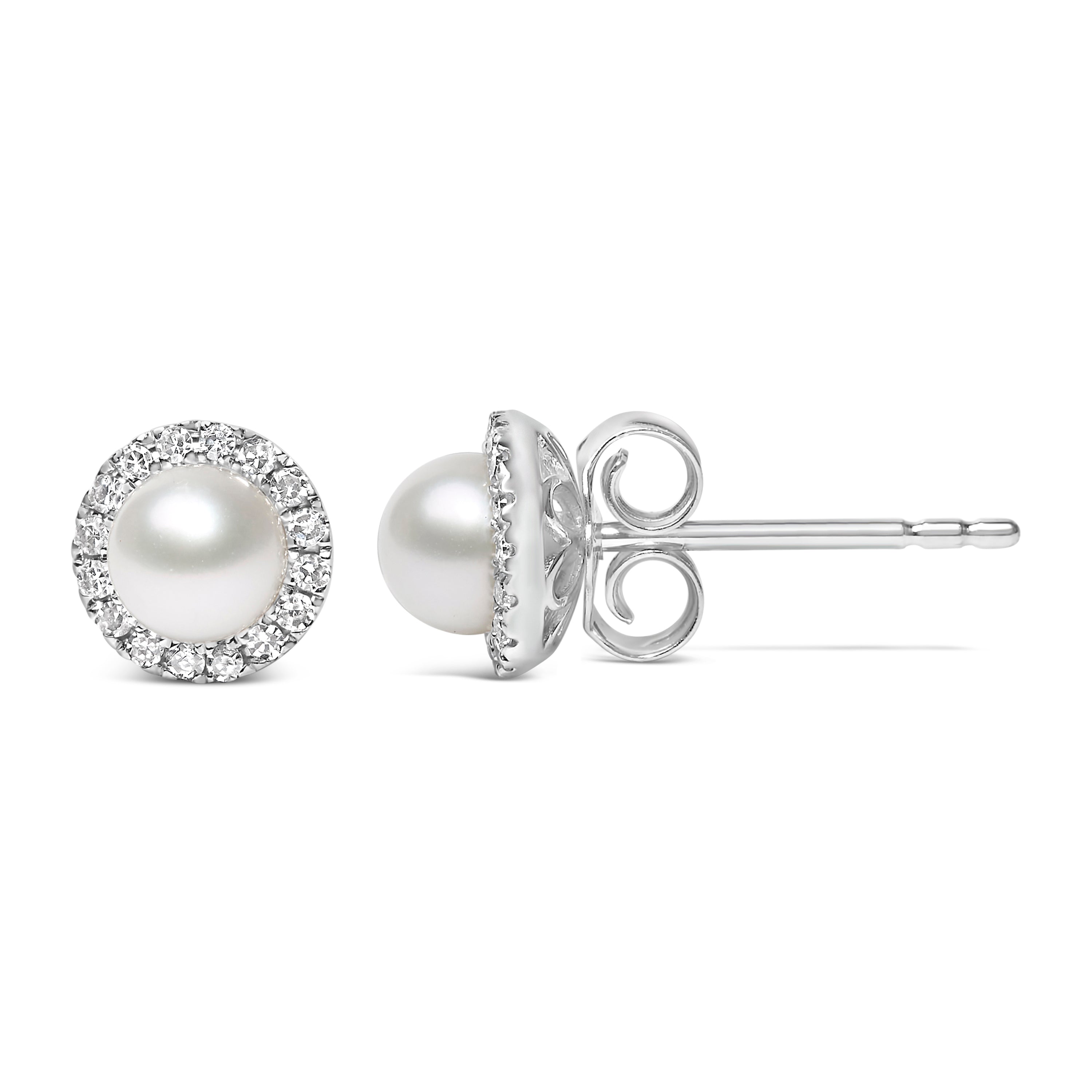 10K White Gold 4.5mm Cultured Freshwater Pearl and 1/7 Carat Total Weight Diamond Halo Stud Earring (I-J Color, I1-I2 Clarity)