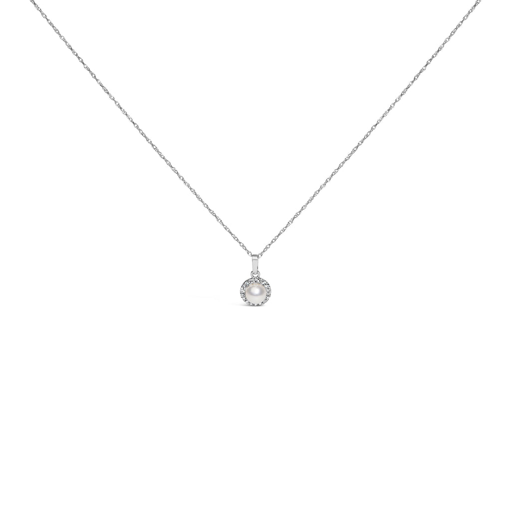 10K White Gold 5MM Cultured Pearl and Diamond Accent Halo Pendant Necklace