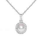 10K White Gold 5MM Cultured Pearl and Diamond Accent Halo Pendant Necklace