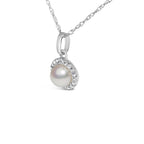 10K White Gold 5MM Cultured Pearl and Diamond Accent Halo Pendant Necklace