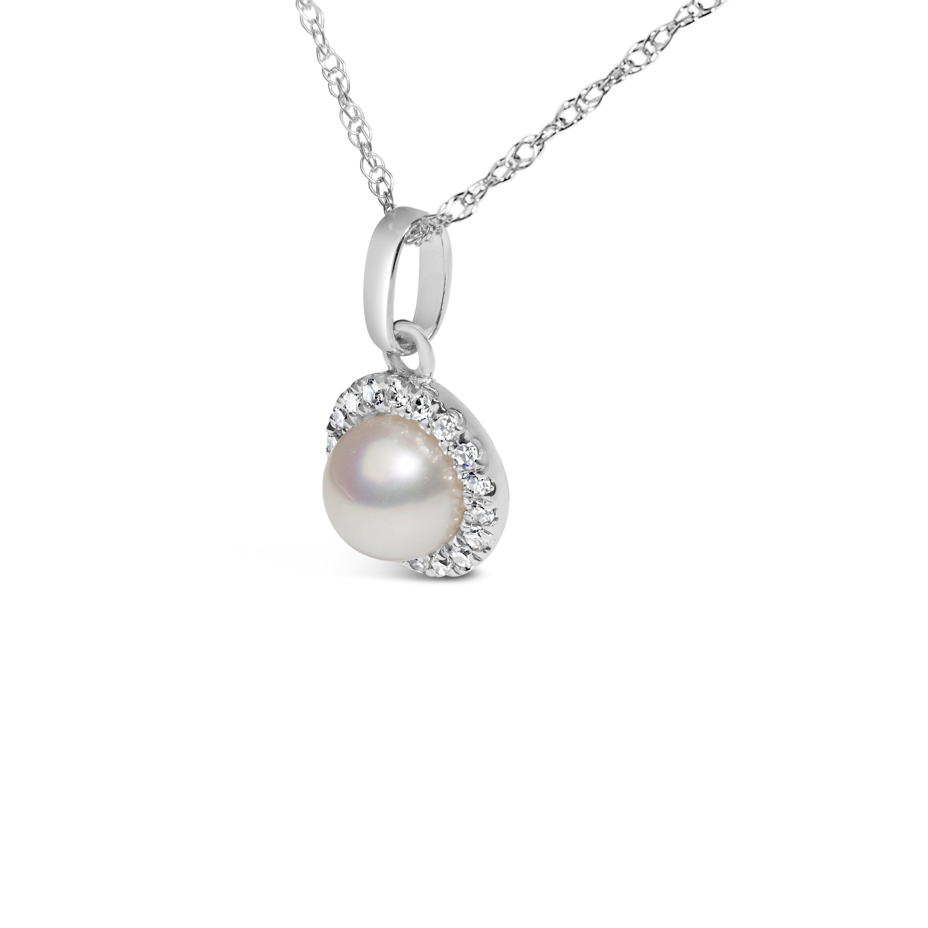 10K White Gold 5MM Cultured Pearl and Diamond Accent Halo Pendant Necklace