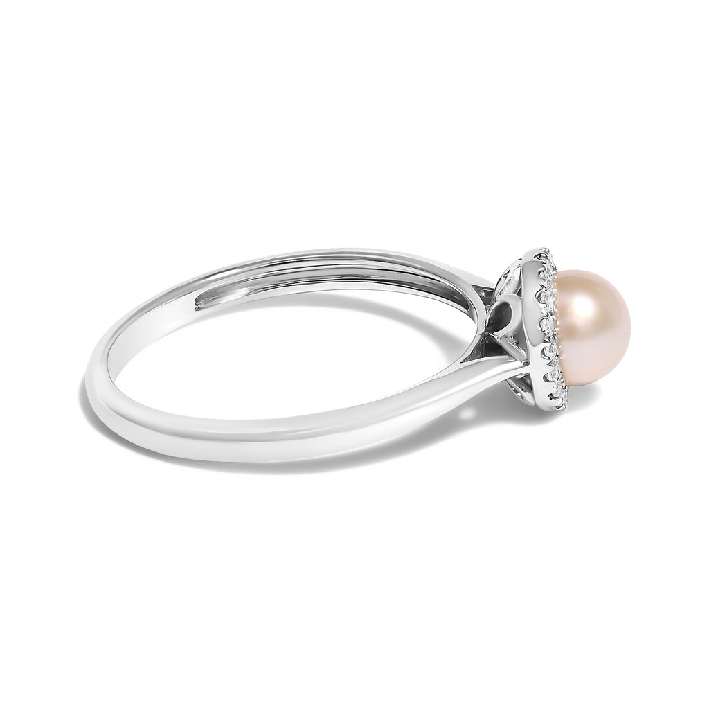 10K White Gold 5MM Cultured Freshwater Pearl and Diamond Halo Ring (I-J Color, I1-I2 Clarity) - Ring Size 6.5