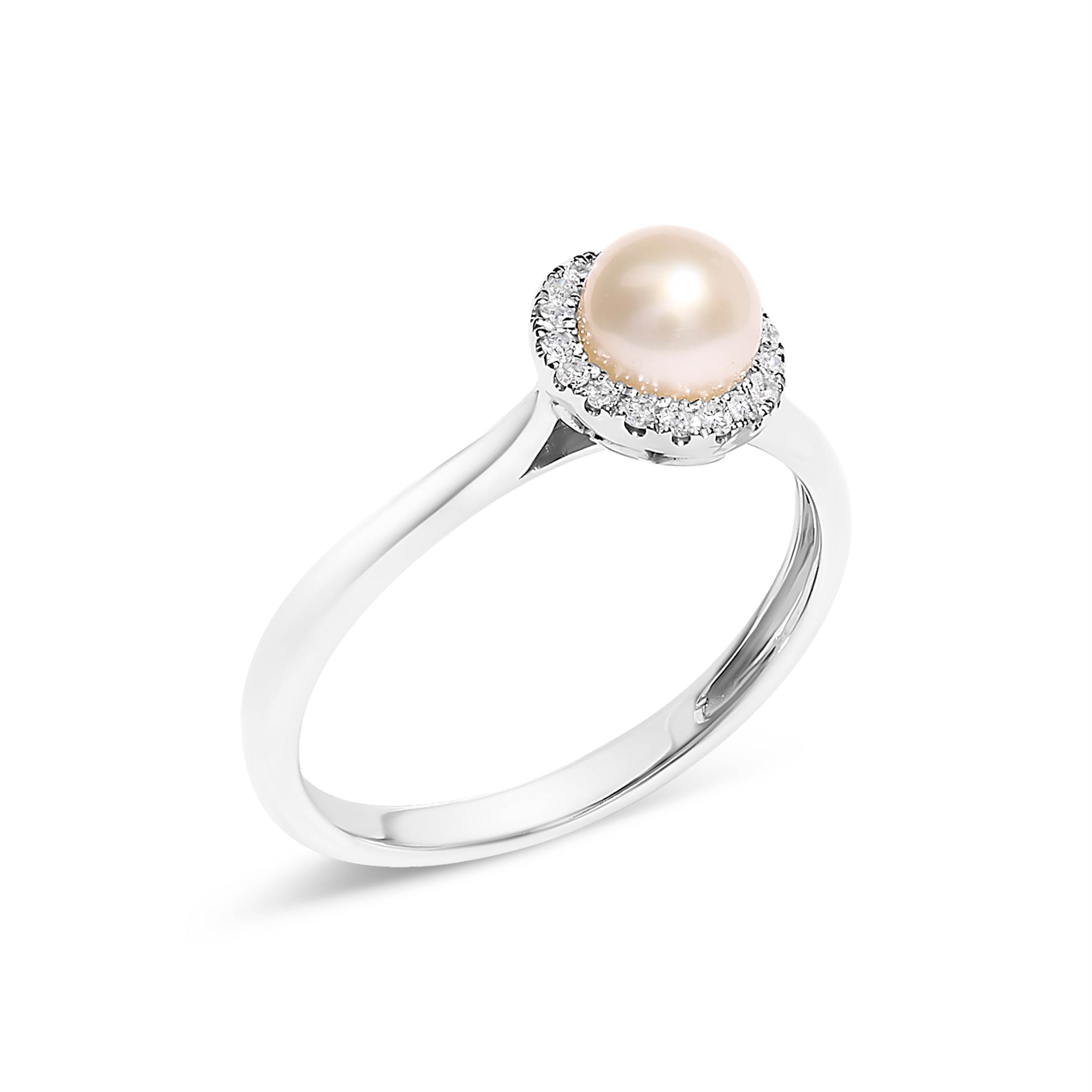 10K White Gold 5MM Cultured Freshwater Pearl and Diamond Halo Ring (I-J Color, I1-I2 Clarity) - Ring Size 6.5