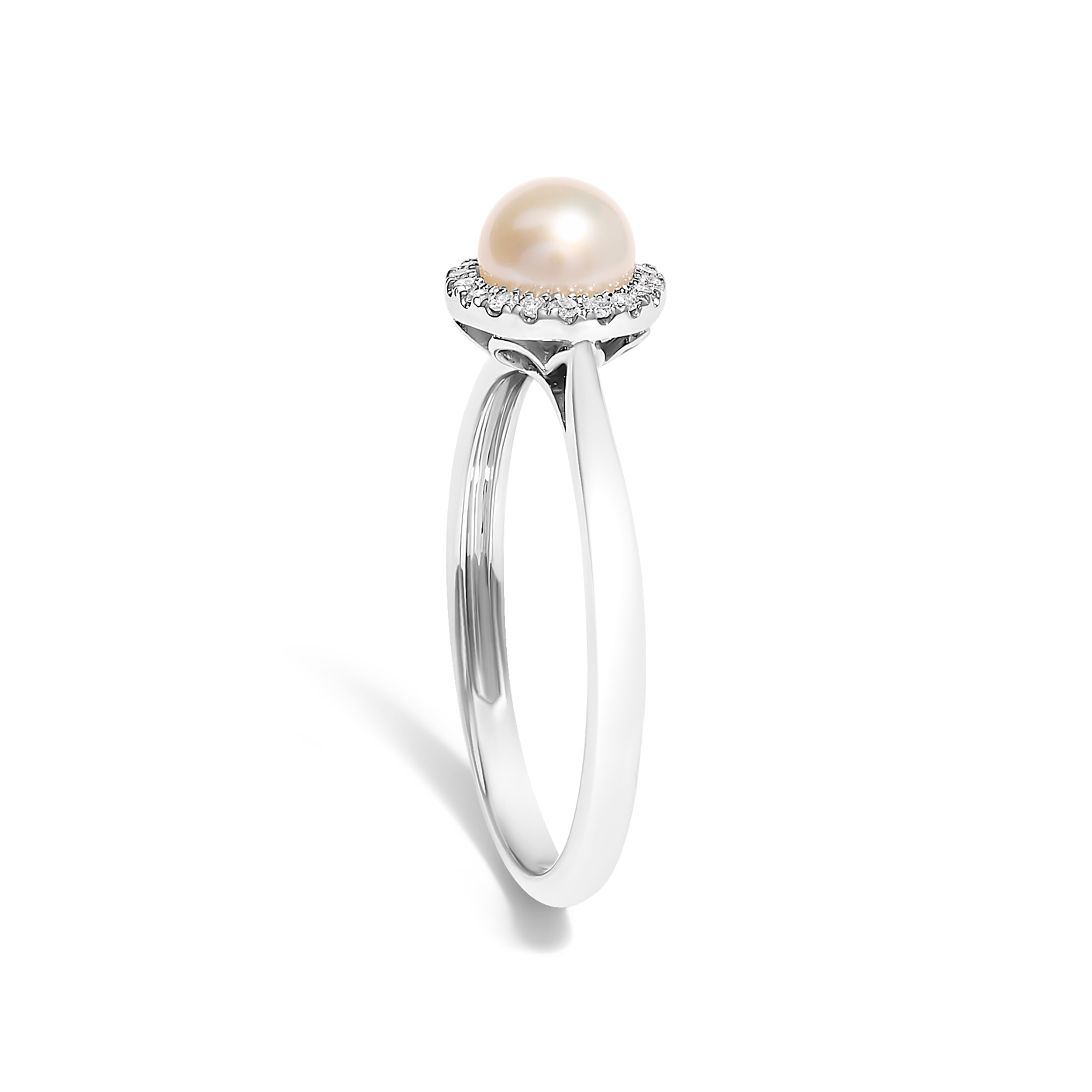 10K White Gold 5MM Cultured Freshwater Pearl and Diamond Halo Ring (I-J Color, I1-I2 Clarity) - Ring Size 6.5