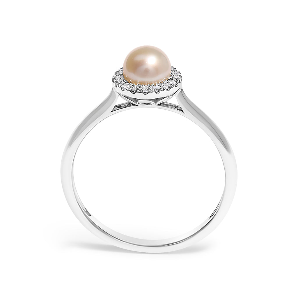 10K White Gold 5MM Cultured Freshwater Pearl and Diamond Halo Ring (I-J Color, I1-I2 Clarity) - Ring Size 6.5