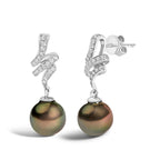 14K White Gold 9MM Cultured Black Pearl and Diamond Accent Drop and Dangle Earrings (I-J Color, SI1-SI2 Clarity)