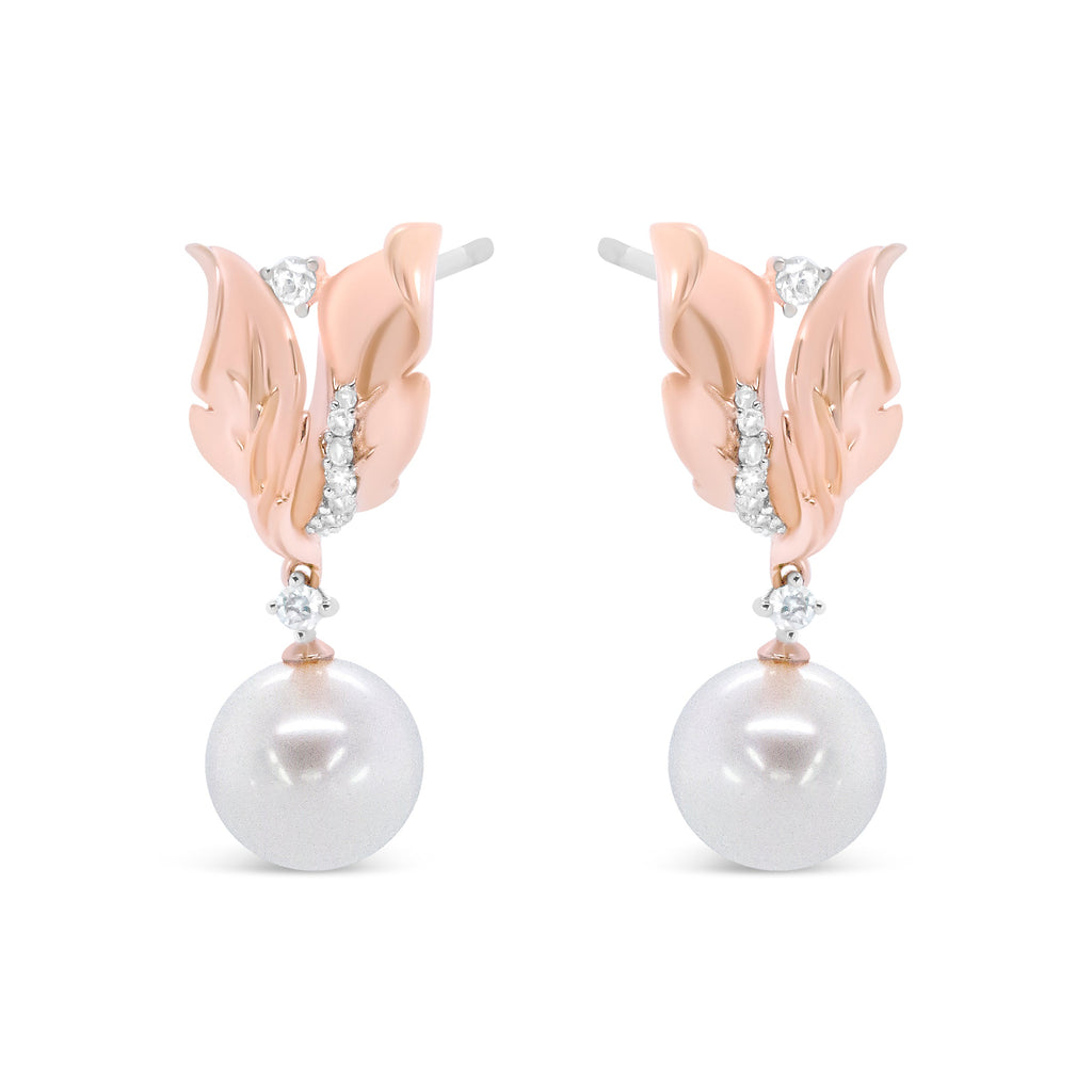 14K Rose Gold 1/6 Cttw Round Diamond and 8mm Round Pearl Floral Drop Stud Earrings (H-I Color, I1-I2 Clarity)