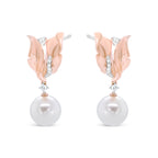 14K Rose Gold 1/6 Cttw Round Diamond and 8mm Round Pearl Floral Drop Stud Earrings (H-I Color, I1-I2 Clarity)