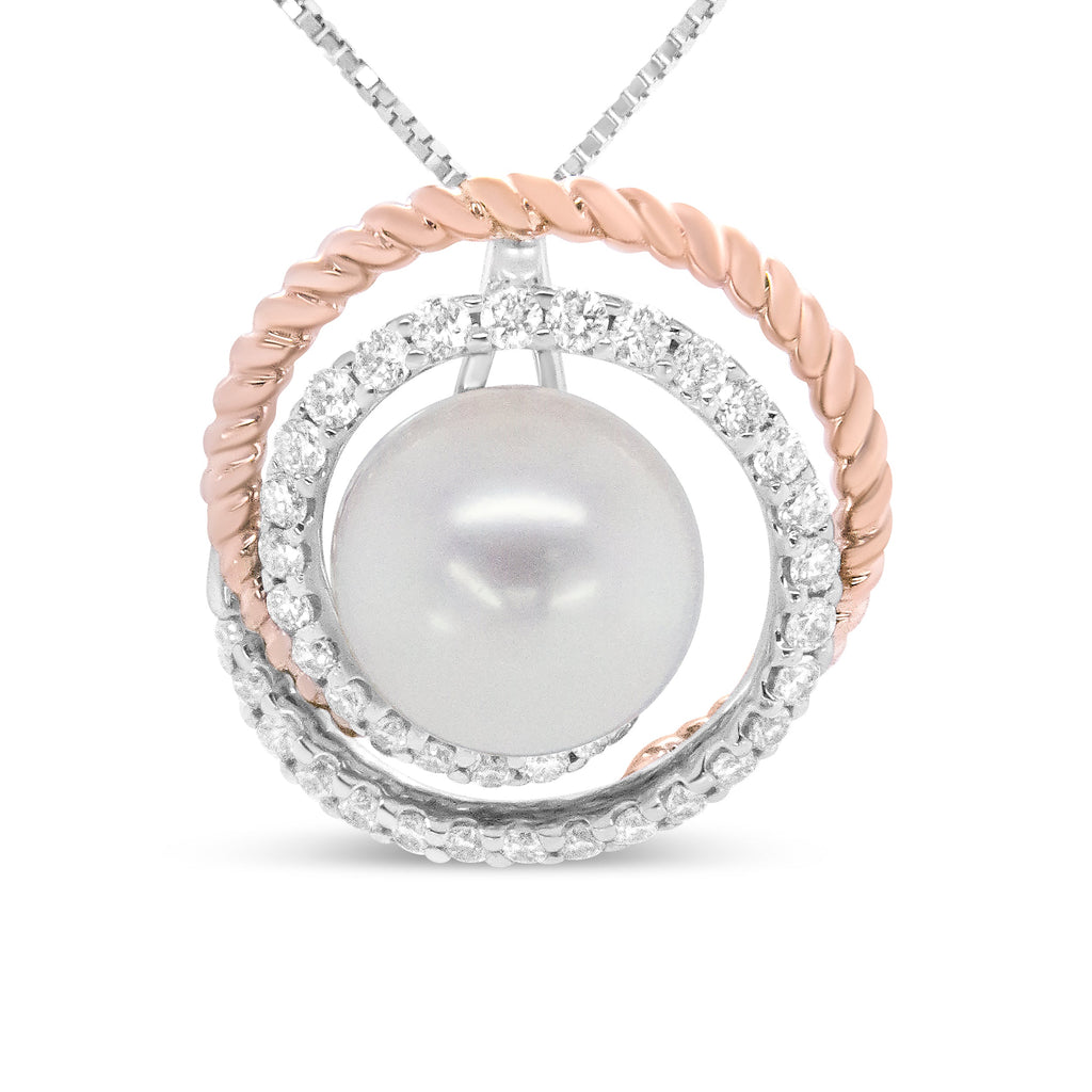 14K Rose and White Gold 3/8 Cttw Pave Diamond and 9mm Round Pearl Spiral Openwork 18" Pendant Necklace - (H-I Color, VS1-VS2 Clarity)