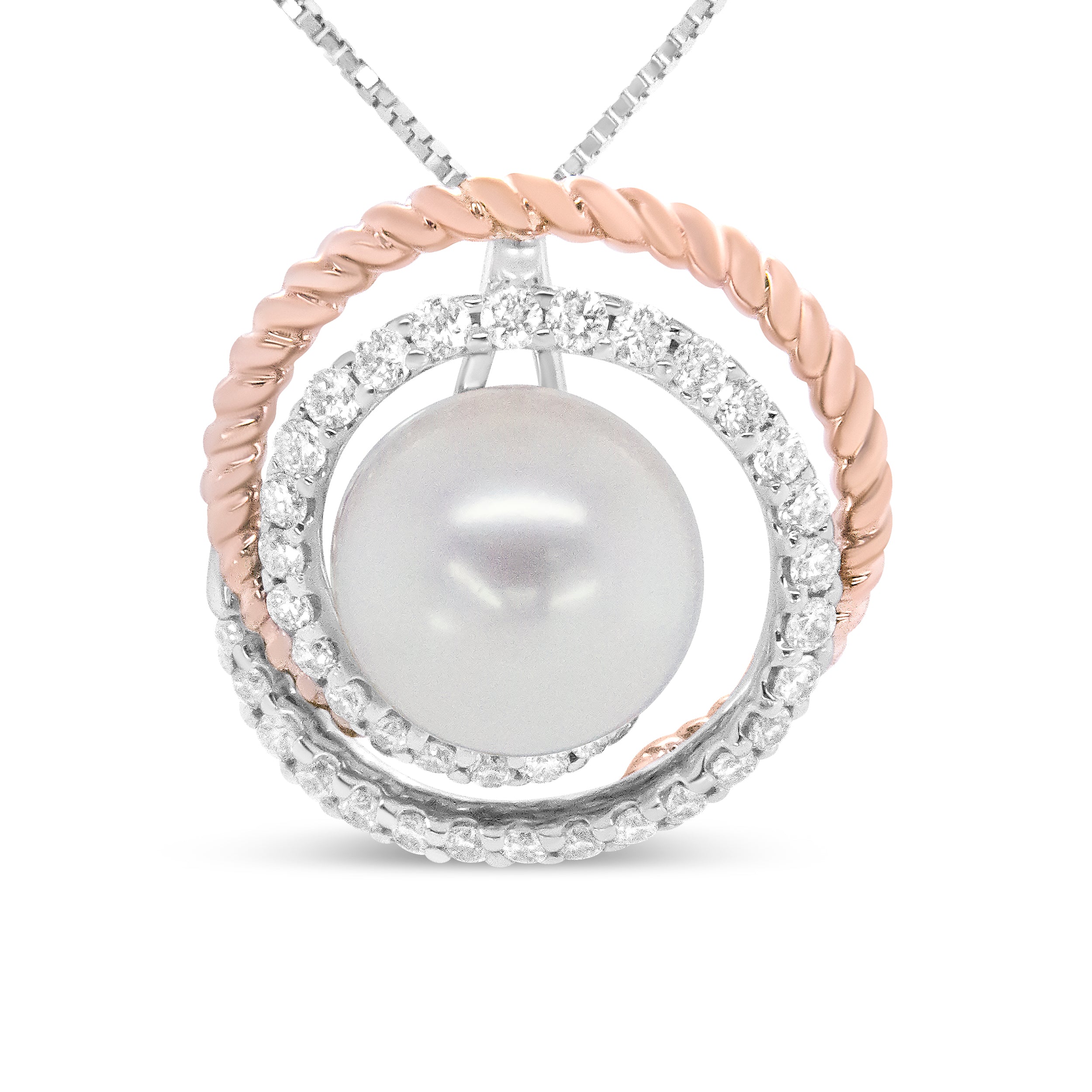 14K Rose and White Gold 3/8 Cttw Pave Diamond and 9mm Round Pearl Spiral Openwork 18" Pendant Necklace - (H-I Color, VS1-VS2 Clarity)