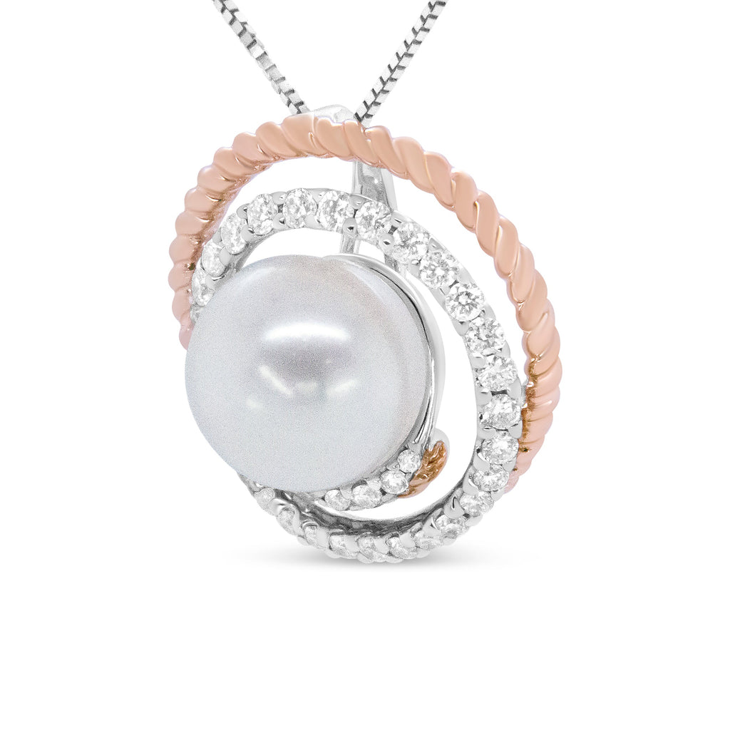 14K Rose and White Gold 3/8 Cttw Pave Diamond and 9mm Round Pearl Spiral Openwork 18" Pendant Necklace - (H-I Color, VS1-VS2 Clarity)
