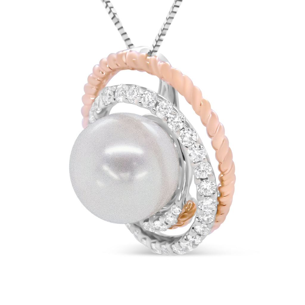 14K Rose and White Gold 3/8 Cttw Pave Diamond and 9mm Round Pearl Spiral Openwork 18" Pendant Necklace - (H-I Color, VS1-VS2 Clarity)