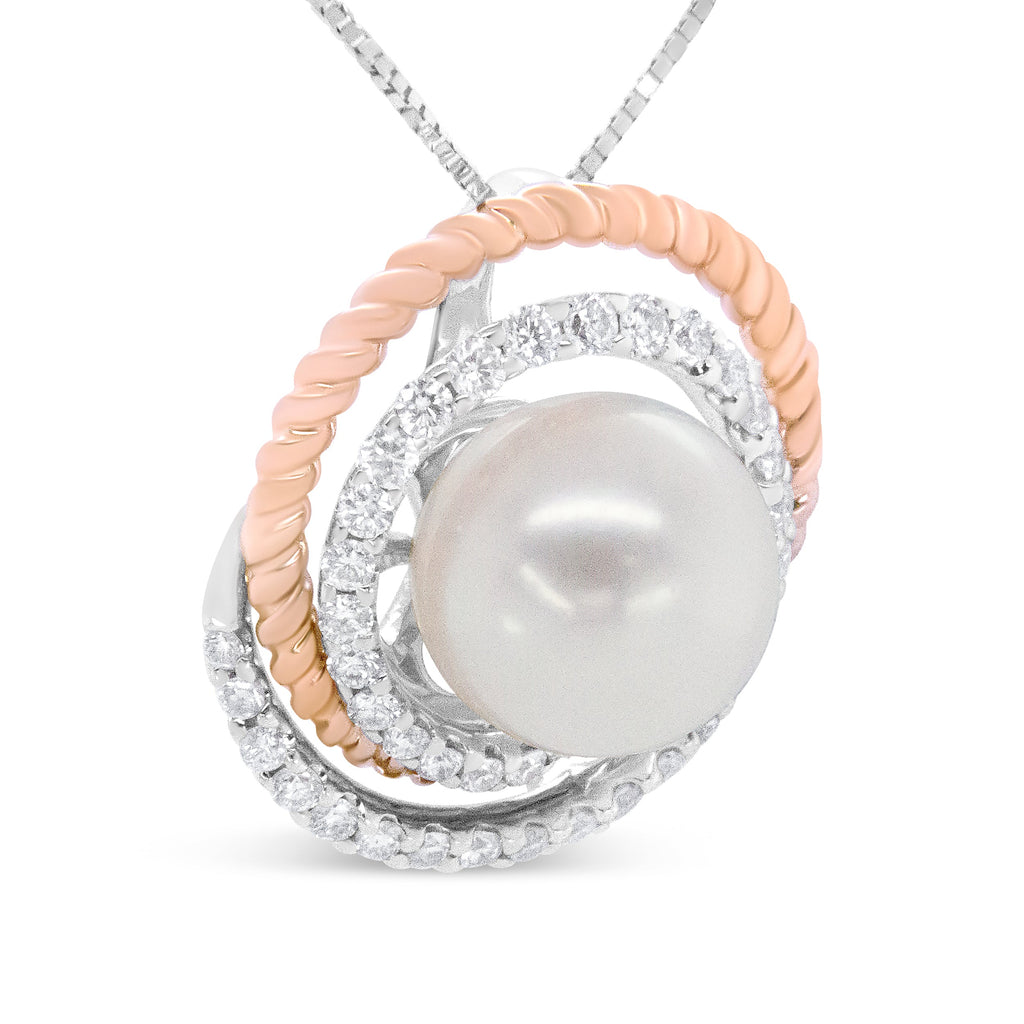 14K Rose and White Gold 3/8 Cttw Pave Diamond and 9mm Round Pearl Spiral Openwork 18" Pendant Necklace - (H-I Color, VS1-VS2 Clarity)
