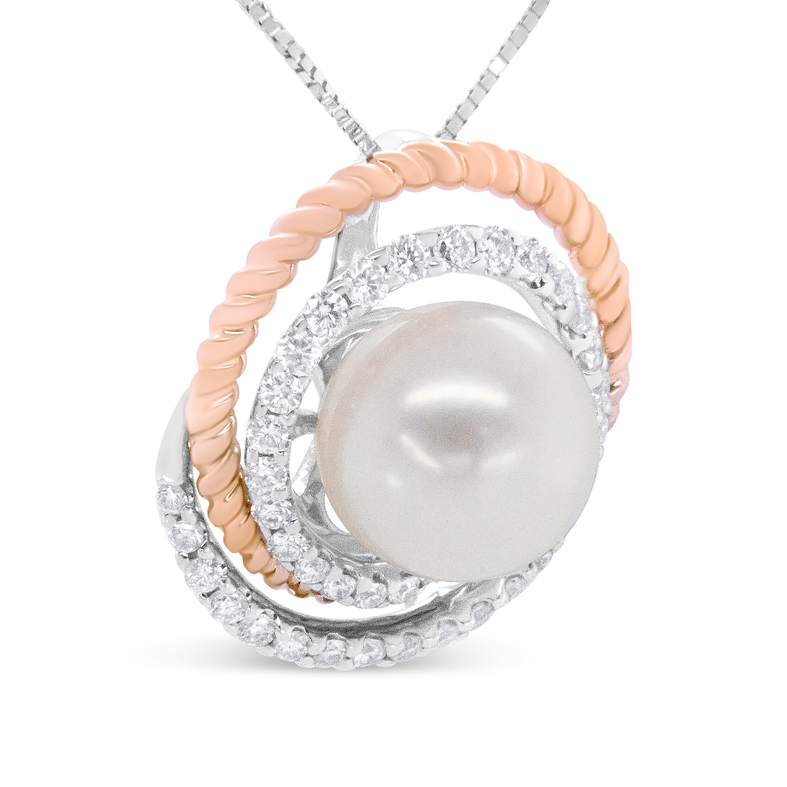 14K Rose and White Gold 3/8 Cttw Pave Diamond and 9mm Round Pearl Spiral Openwork 18" Pendant Necklace - (H-I Color, VS1-VS2 Clarity)