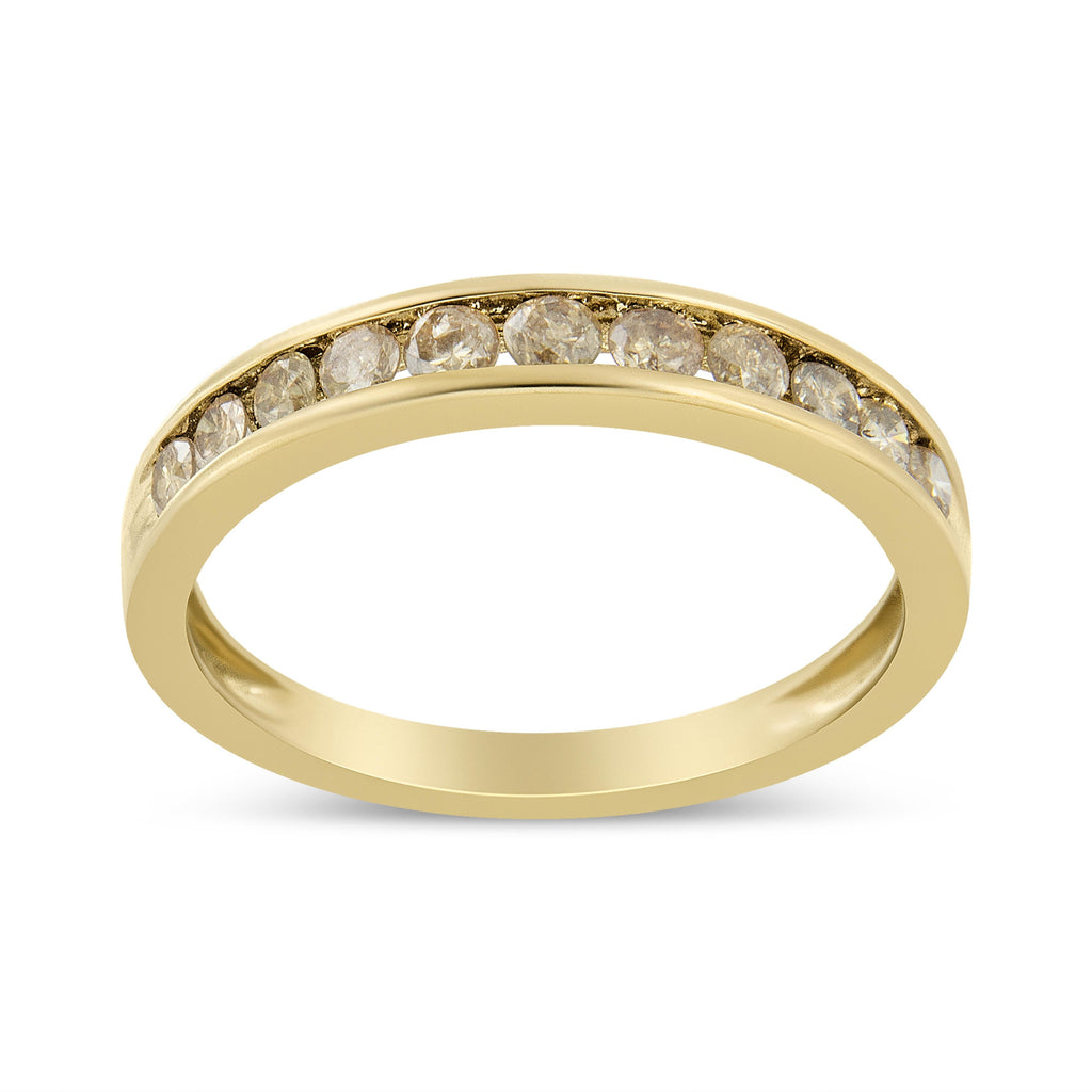 14K Yellow Gold Plated .925 Sterling Silver 1/2 Carat Total Weight Channel Set Round Champagne Diamond 11 Stone Band Ring (K-L Color, I1-I2 Clarity) - Size 7